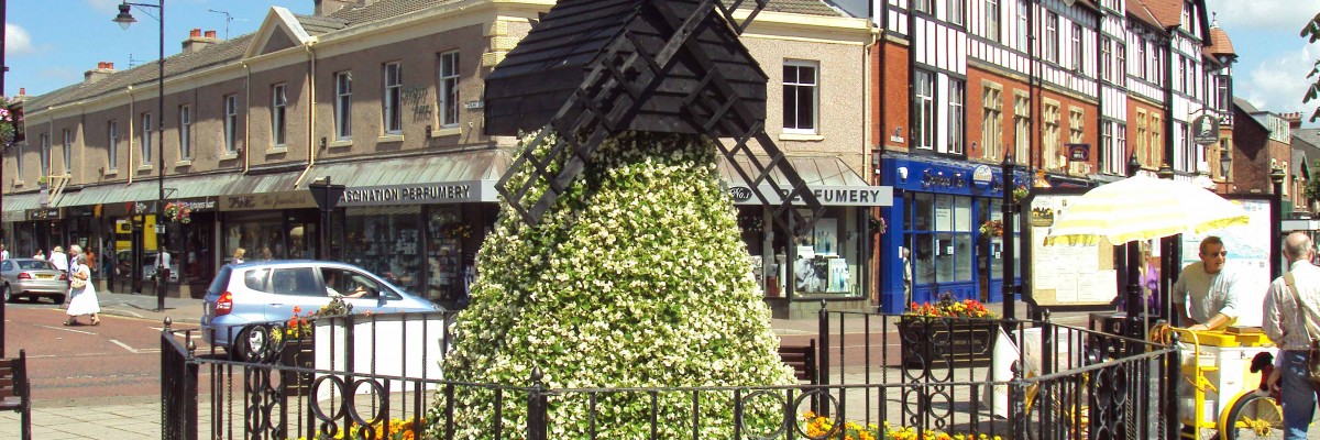 A picture of a windmill made of flowers, a display feature in Lytham town centre